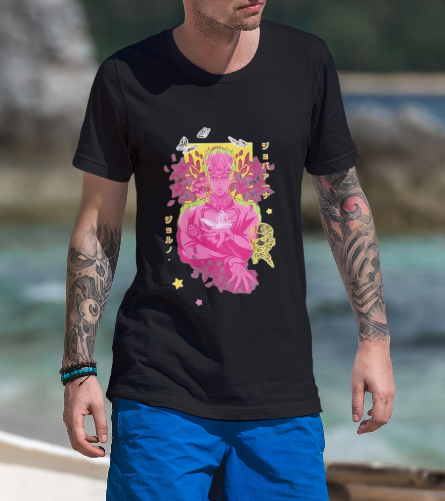 Giorno Giovanna JoJo's Bizarre Adventure Romaji Butterflies Neon Manga T-Shirt
