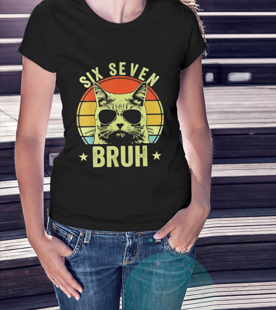 Six Seven Bruh Retro Cat Sunset T-Shirt