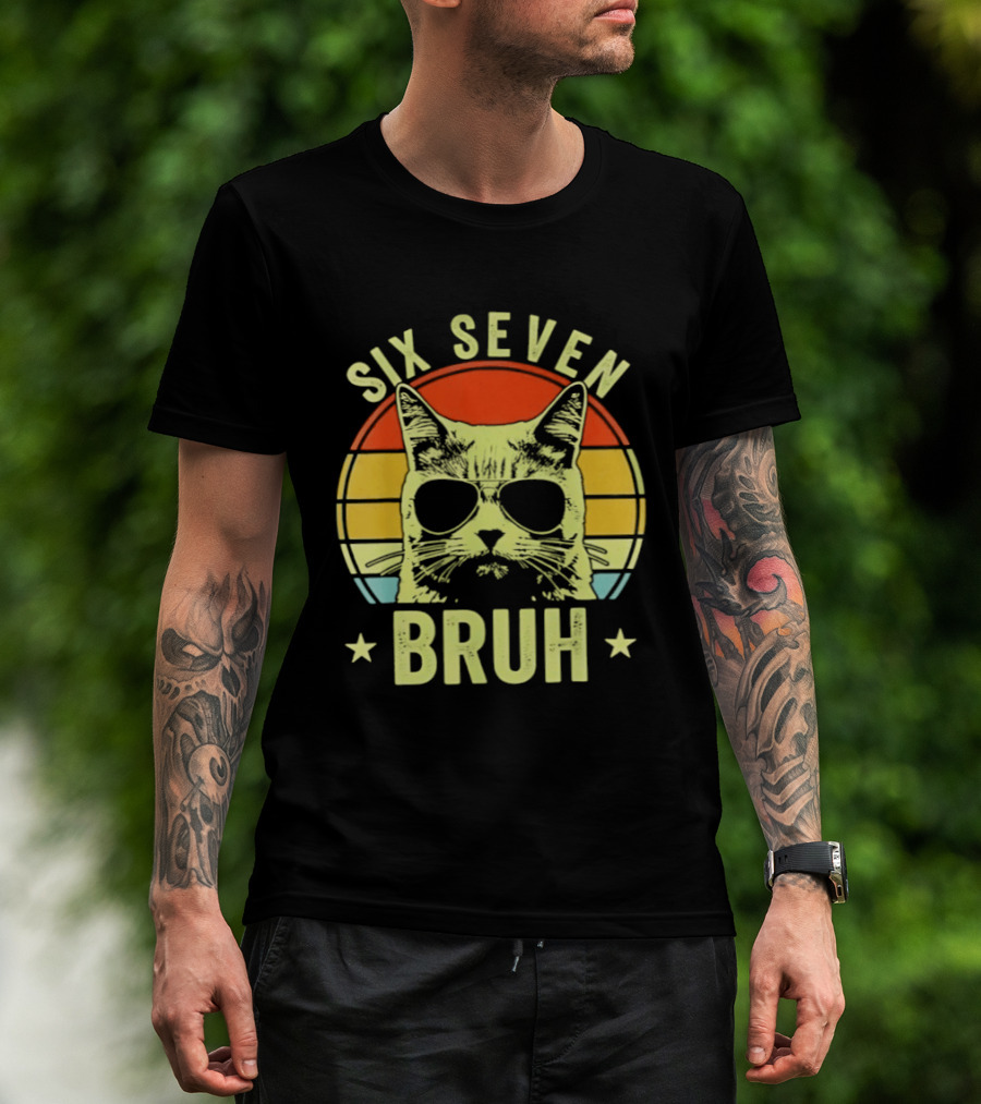 Six Seven Bruh Retro Cat Sunset T-Shirt