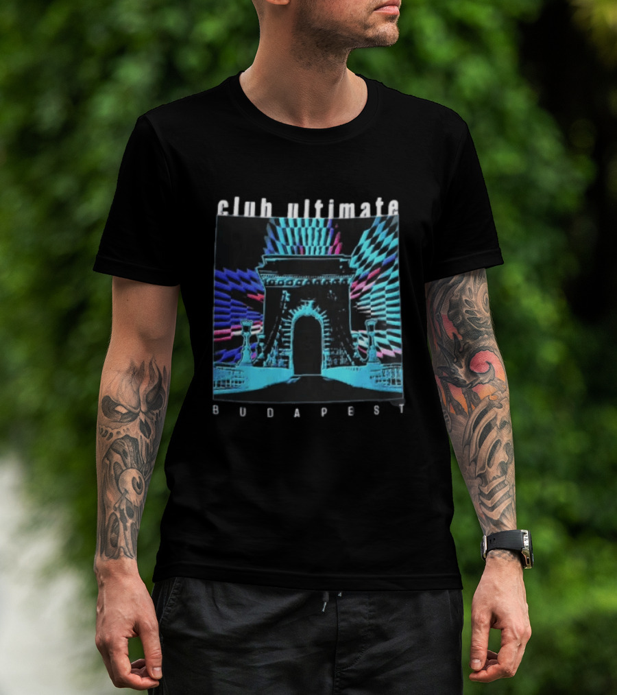 Club Ultimate Budapest Szechenyi Chain Bridge Neon Checkerboard Arch T-Shirt