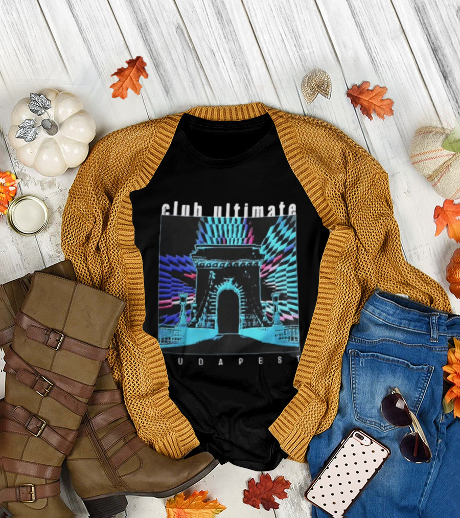 Club Ultimate Budapest Szechenyi Chain Bridge Neon Checkerboard Arch T-Shirt