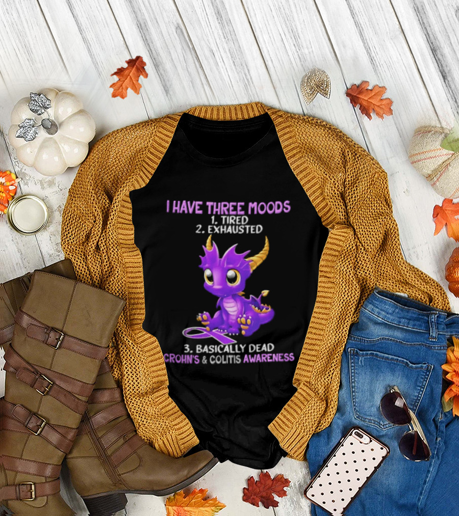 I Have Three Moods Tired Exhausted Basically Dead Crohns Colitis Awareness Purple Dragon Cartoon T-Shirt