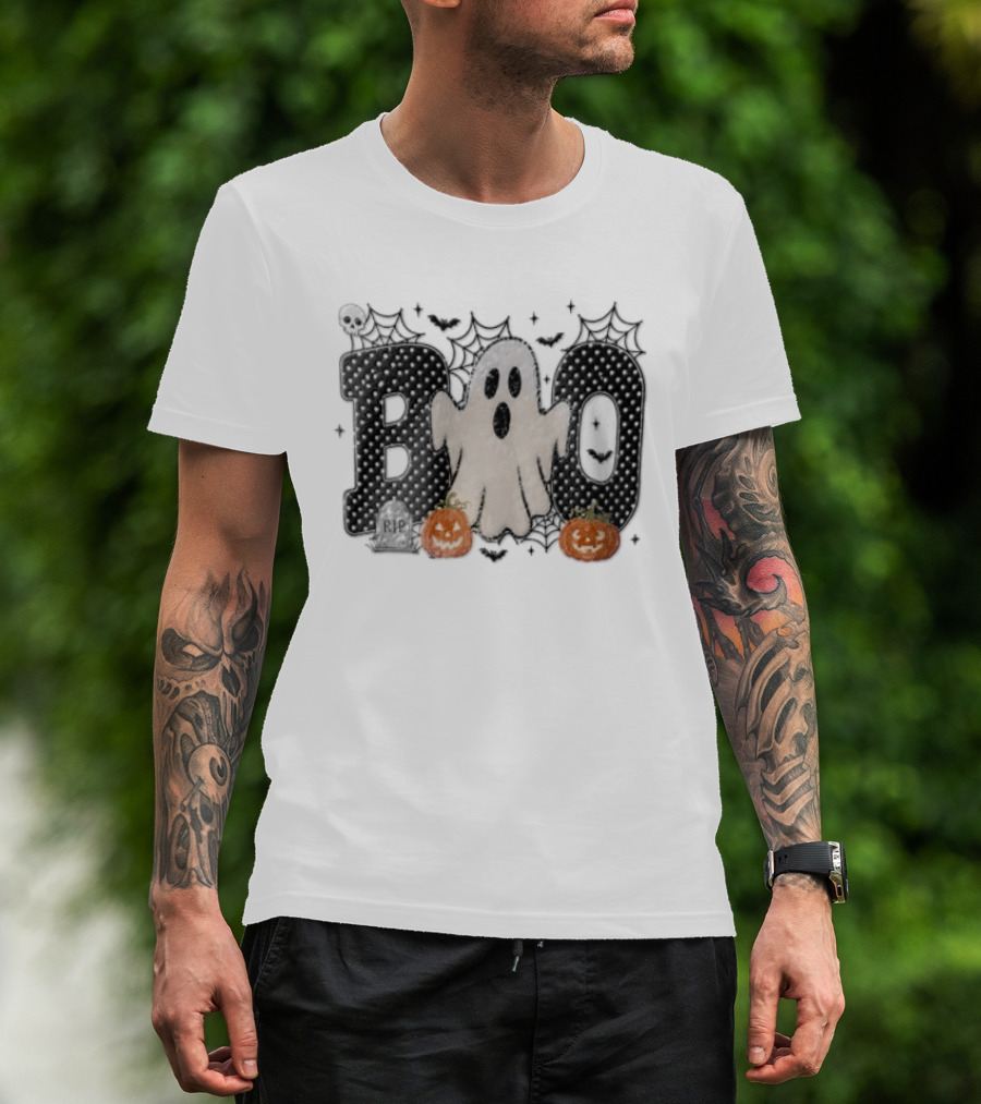 Boo Distressed Ghost Jack O Lanterns Polka Dots Cobwebs T-Shirt