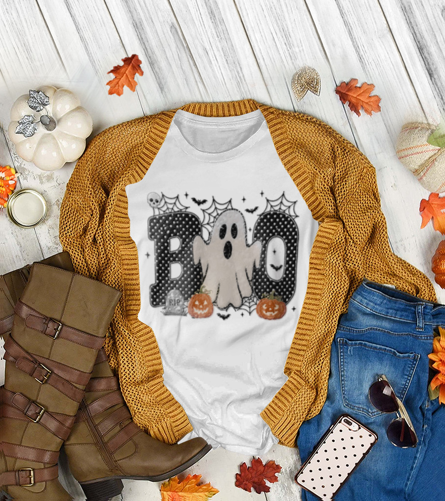 Boo Distressed Ghost Jack O Lanterns Polka Dots Cobwebs T-Shirt