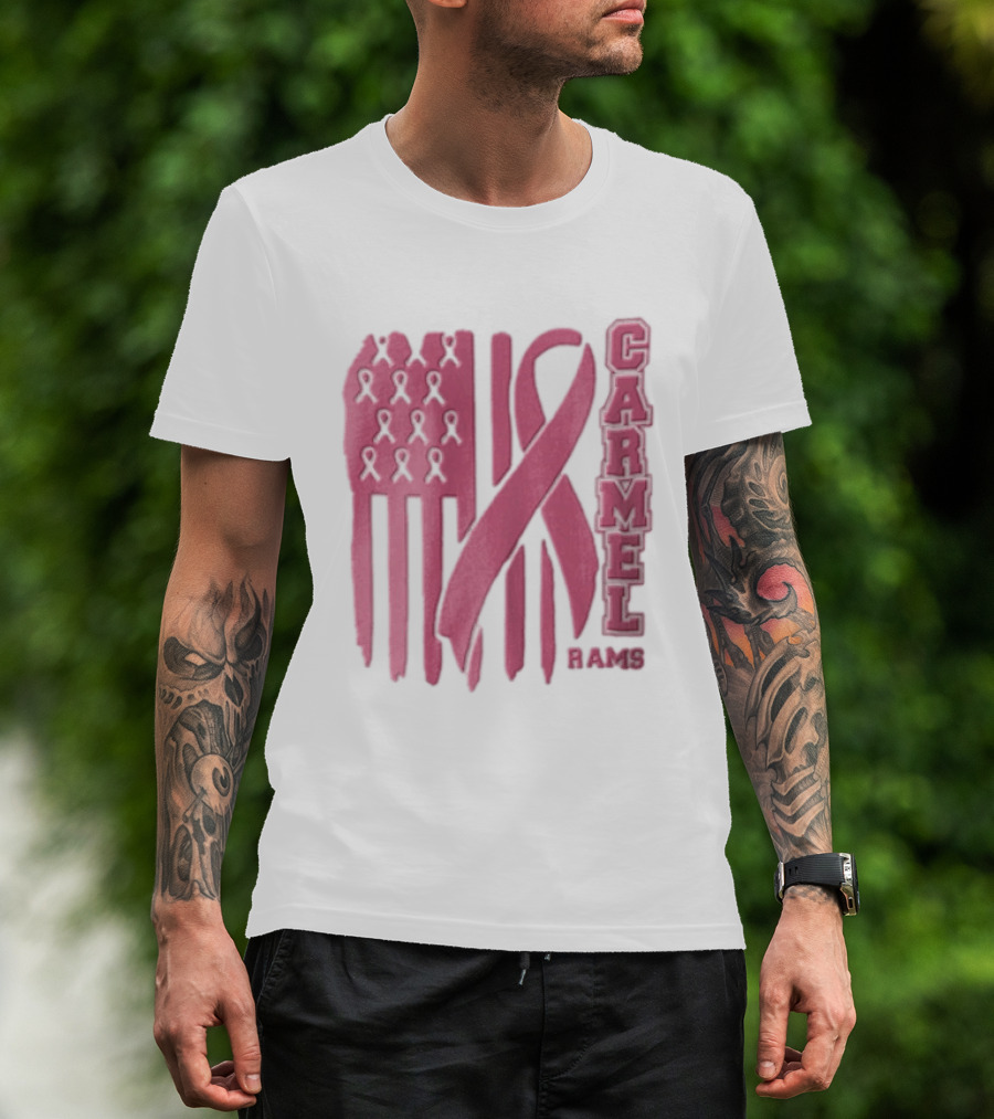 Carmel Rams Pink Ribbon American Flag Breast Cancer Awareness T-Shirt