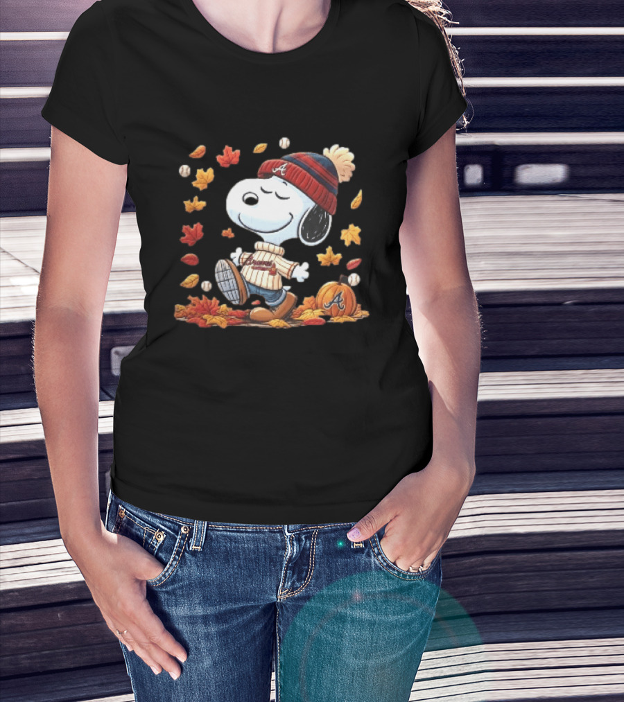 Atlanta Braves Snoopy Walking In Autumn Leaves With Pumpkin Baseballs Cartoon T-Shirt