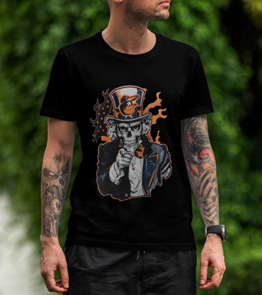 Baltimore Orioles Skeleton Uncle Sam Pointing Flames American Flag Hat T-Shirt