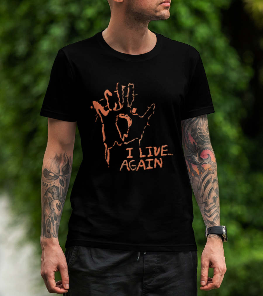 I Live Again Red Spiky Handprint Burning Hole In Palm Distressed Halloween T-Shirt