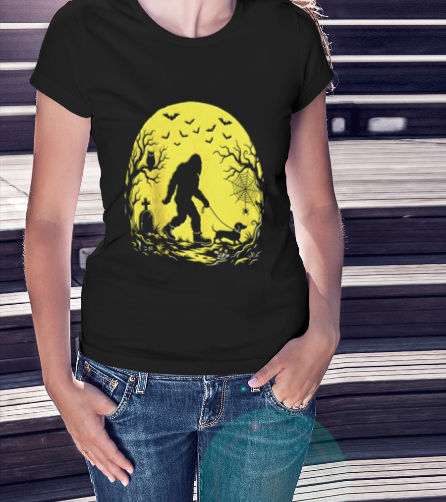 Bigfoot Walking Dachshund Under Full Moon Halloween Night T-Shirt