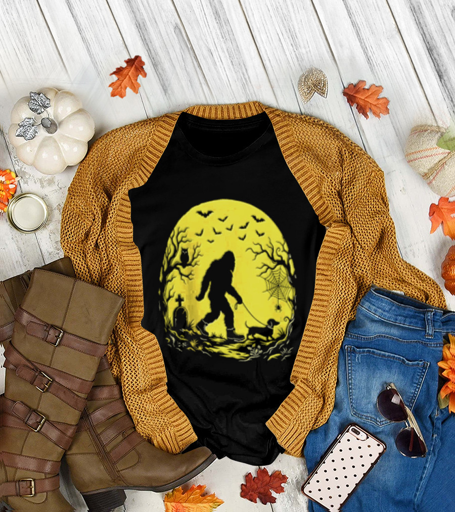Bigfoot Walking Dachshund Under Full Moon Halloween Night T-Shirt