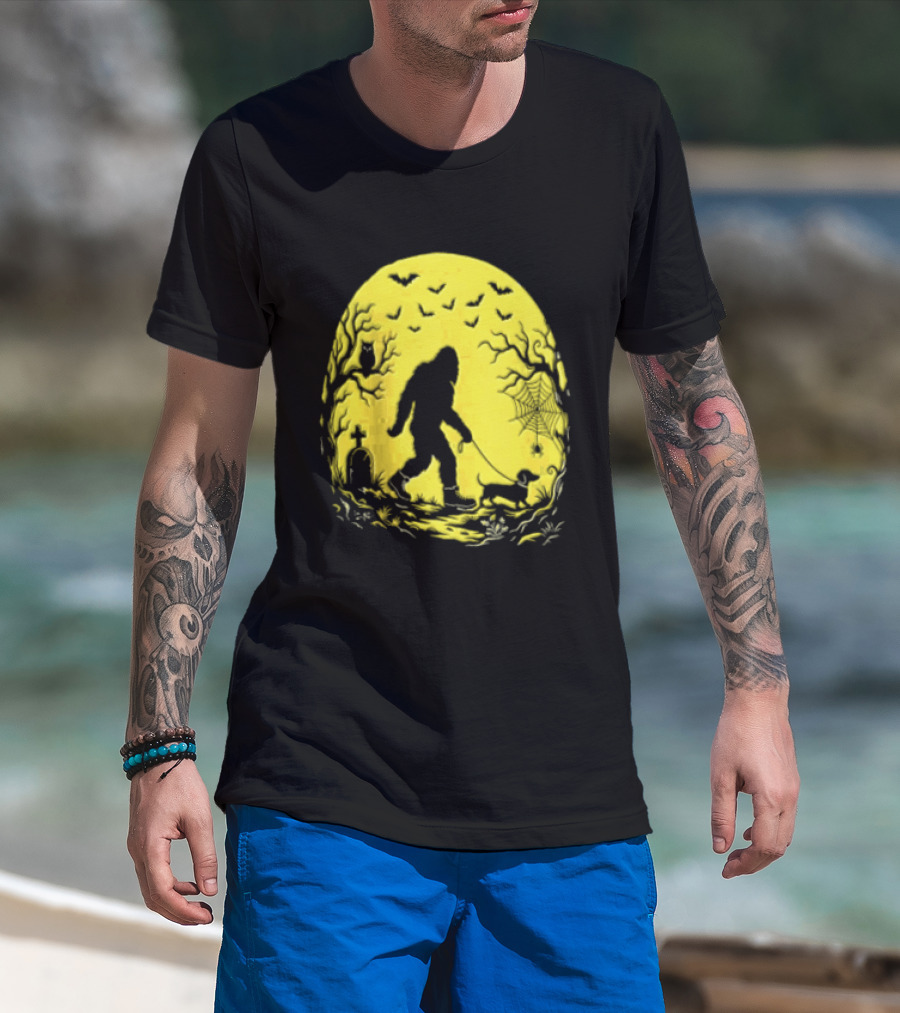 Bigfoot Walking Dachshund Under Full Moon Halloween Night T-Shirt