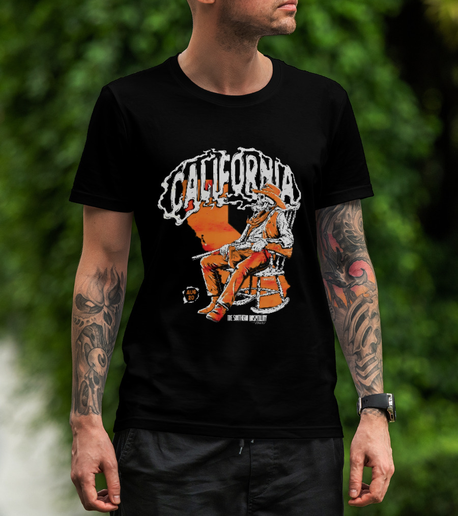California Skeleton Cowboy Southern Hospitality Tour Aug 20 Rocking Chair Rifle Map T-Shirt