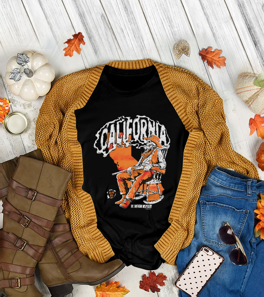 California Skeleton Cowboy Southern Hospitality Tour Aug 20 Rocking Chair Rifle Map T-Shirt