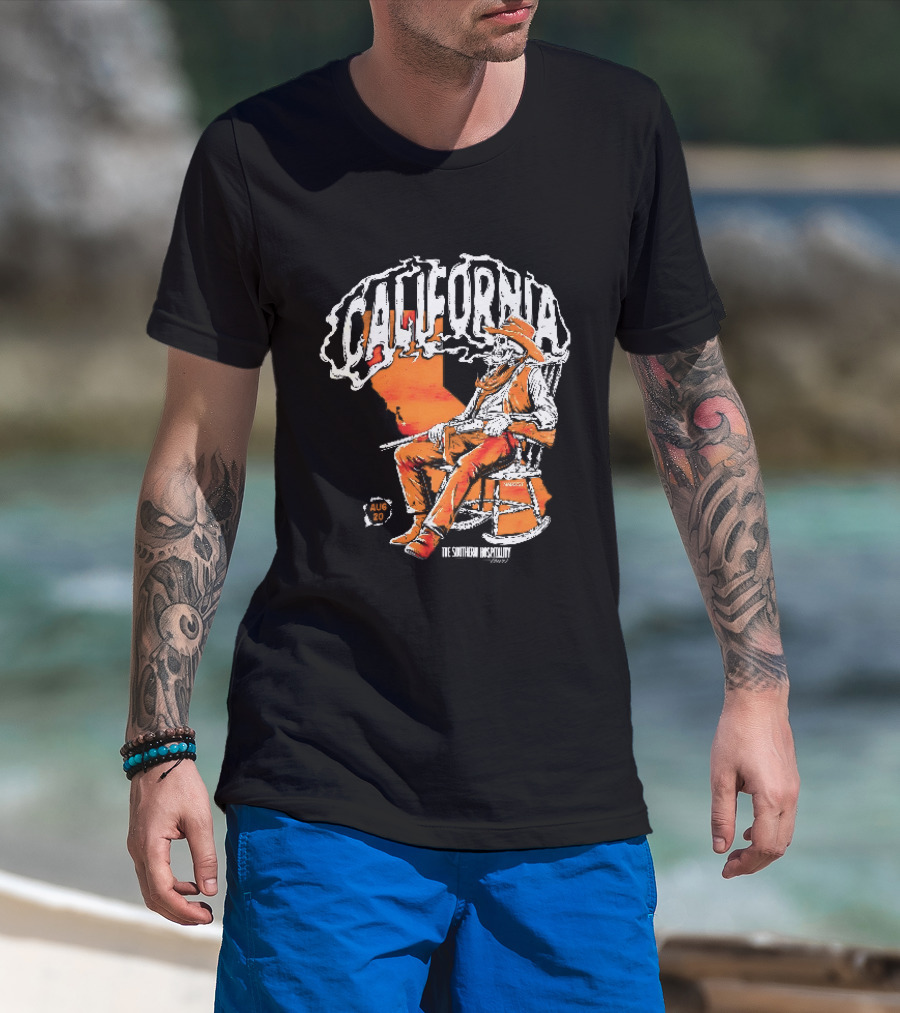 California Skeleton Cowboy Southern Hospitality Tour Aug 20 Rocking Chair Rifle Map T-Shirt