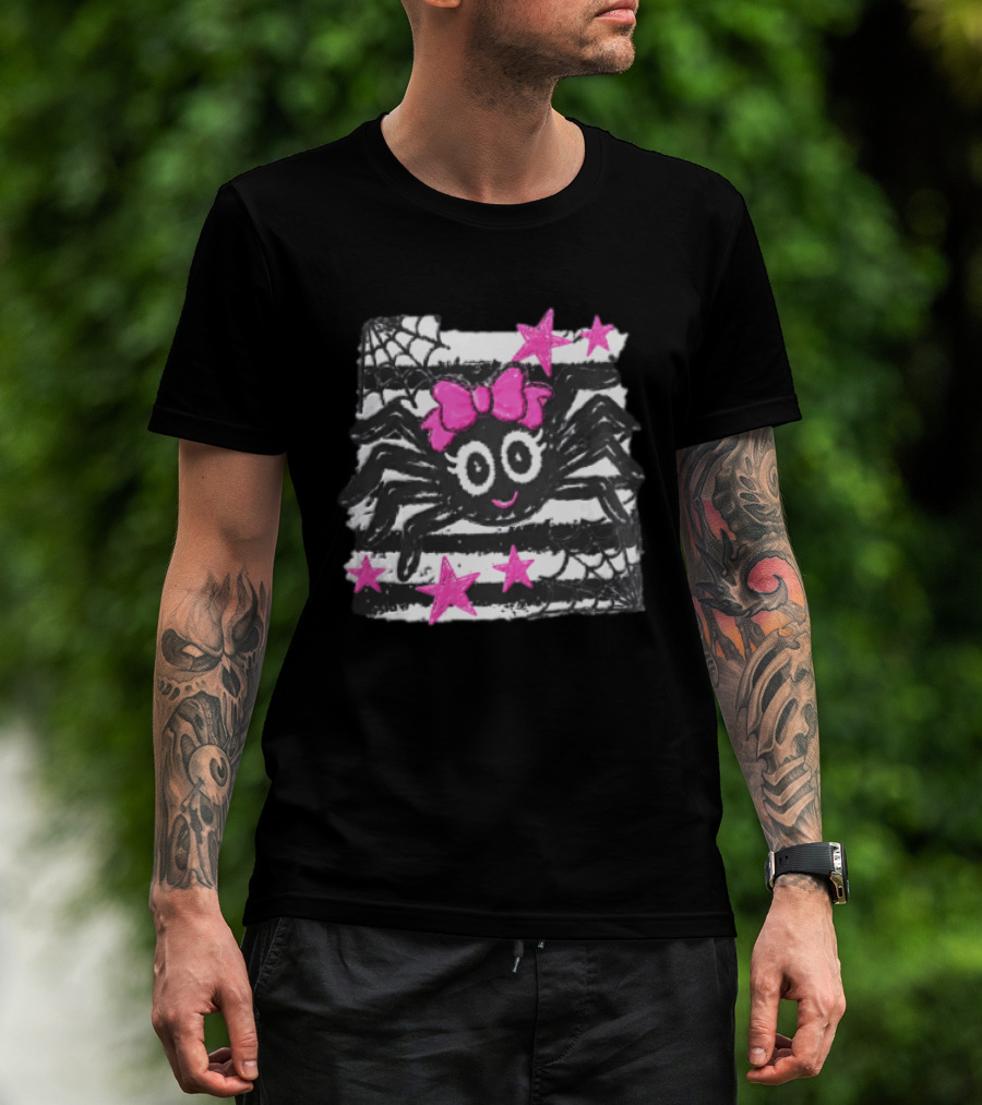 Cartoon Black Spider Big Eyes Pink Bow Stripes Webs Stars T-Shirt
