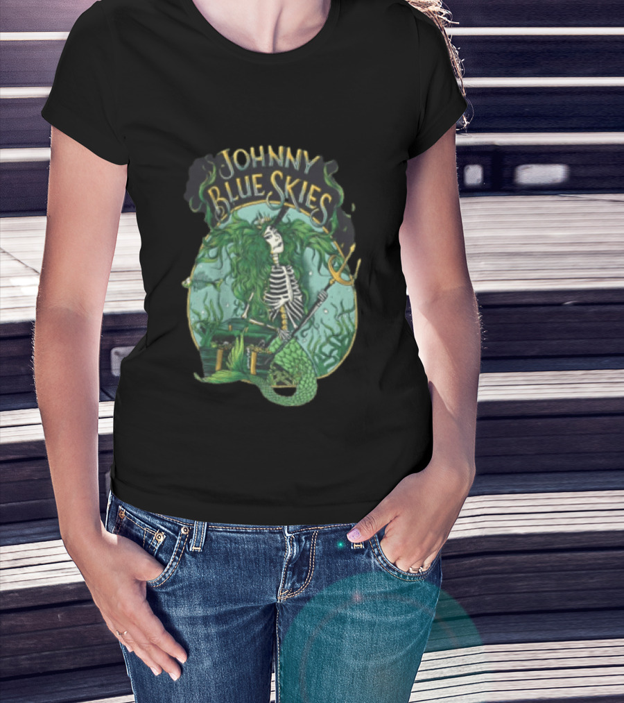 Johnny Blue Skies Skeleton Mermaid Adventure With Trident And Treasure T-Shirt