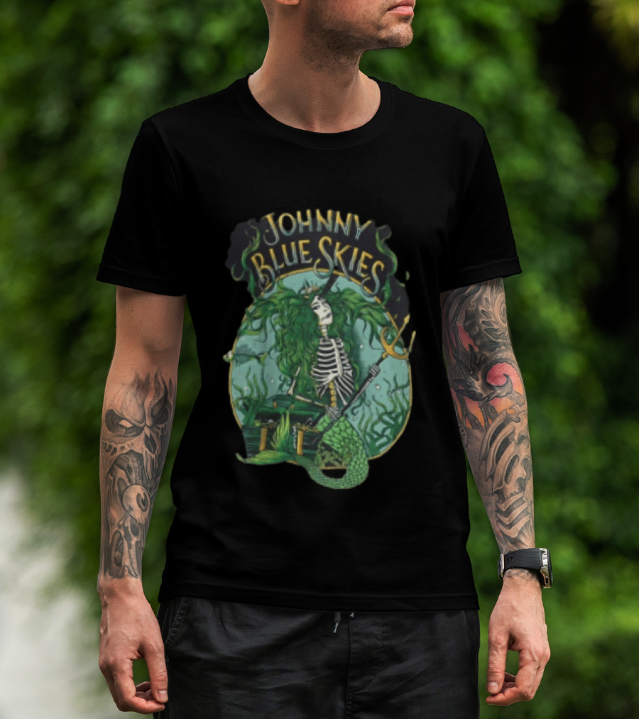 Johnny Blue Skies Skeleton Mermaid Adventure With Trident And Treasure T-Shirt
