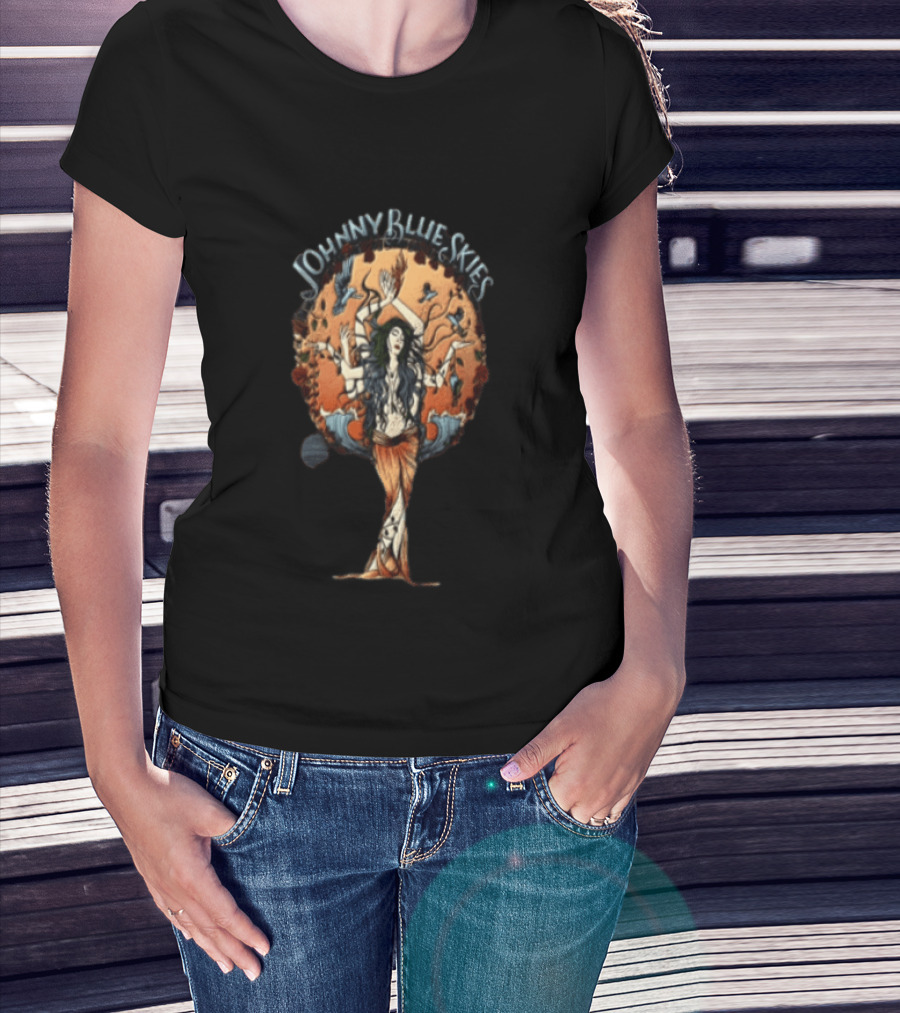 Johnny Blue Skies Ocean Goddess Mythical Woman Surrounded By Birds T-Shirt