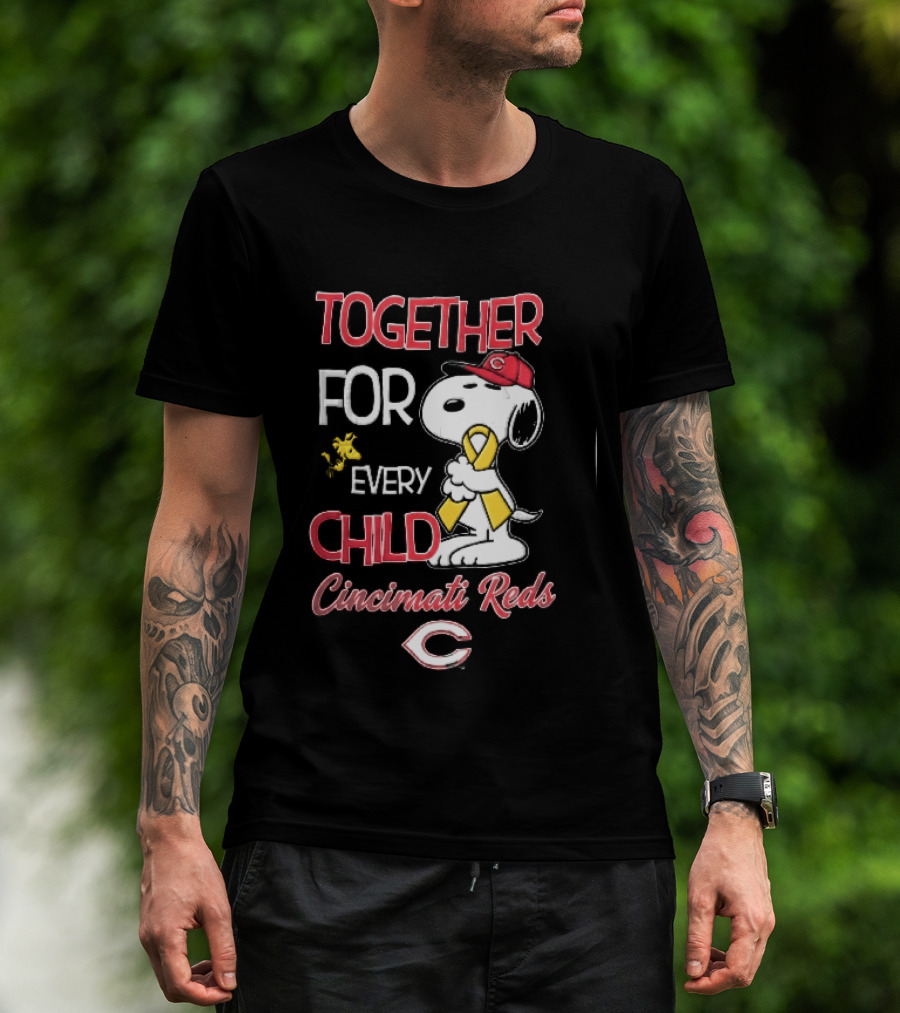 TOGETHER FOR EVERY CHILD Cincinnati Reds Snoopy Woodstock Yellow Ribbon T-Shirt