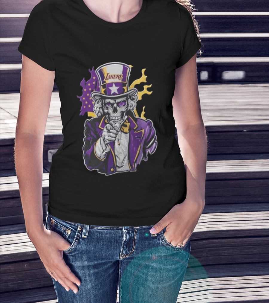 Los Angeles Lakers Skeleton Uncle Sam Purple Flames T-Shirt