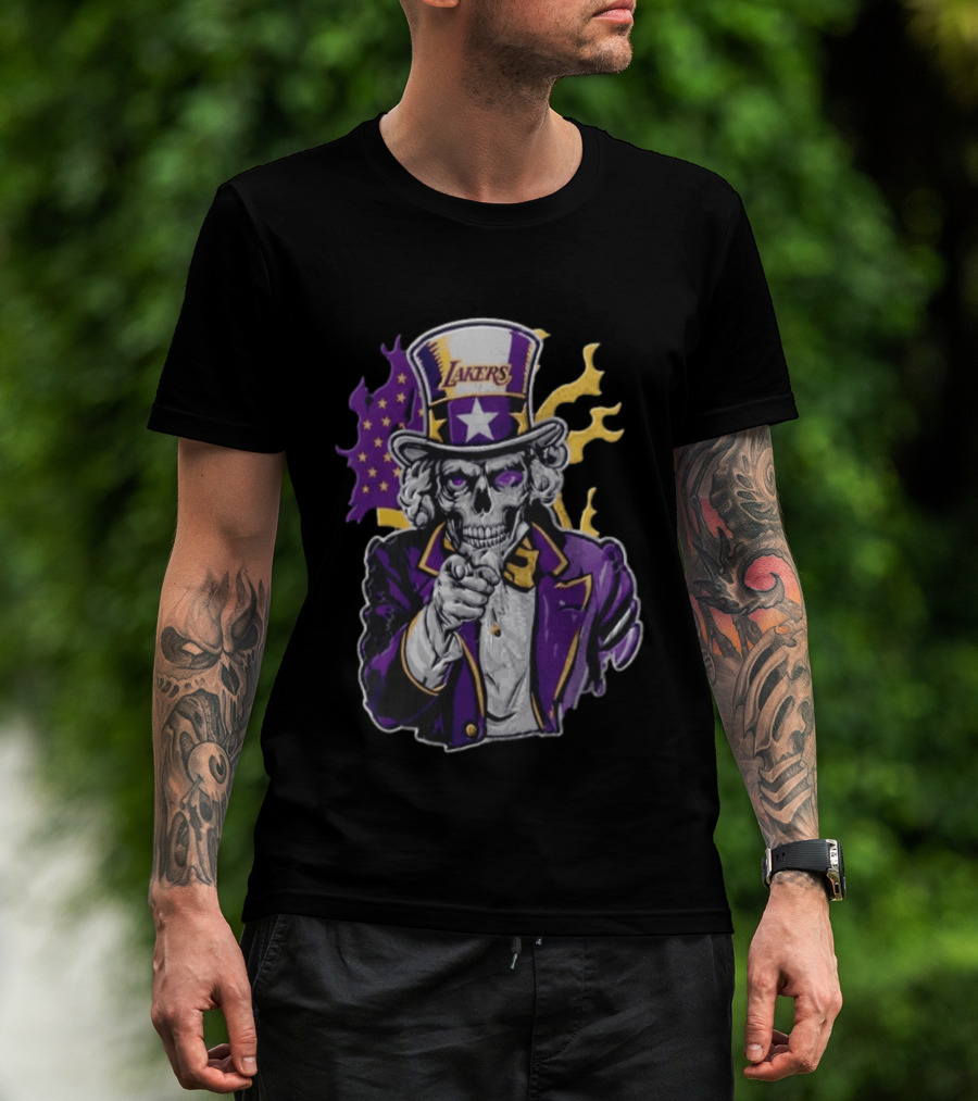 Los Angeles Lakers Skeleton Uncle Sam Purple Flames T-Shirt