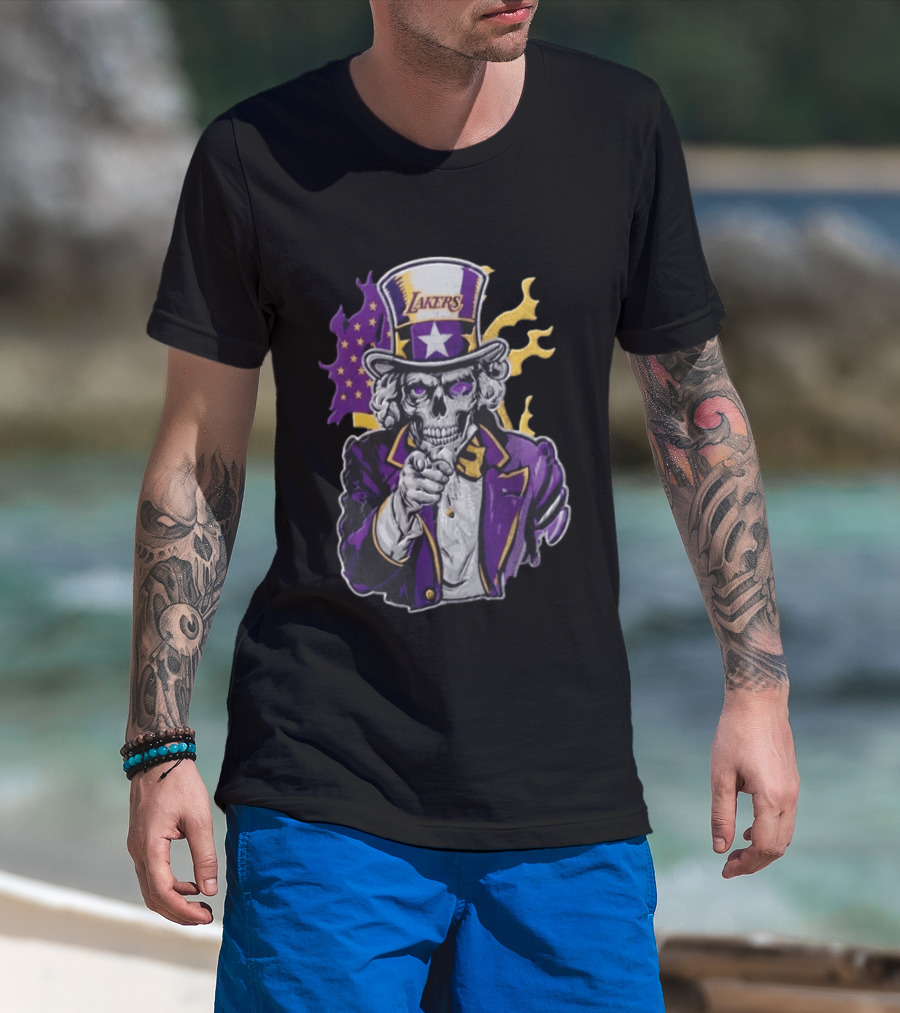 Los Angeles Lakers Skeleton Uncle Sam Purple Flames T-Shirt