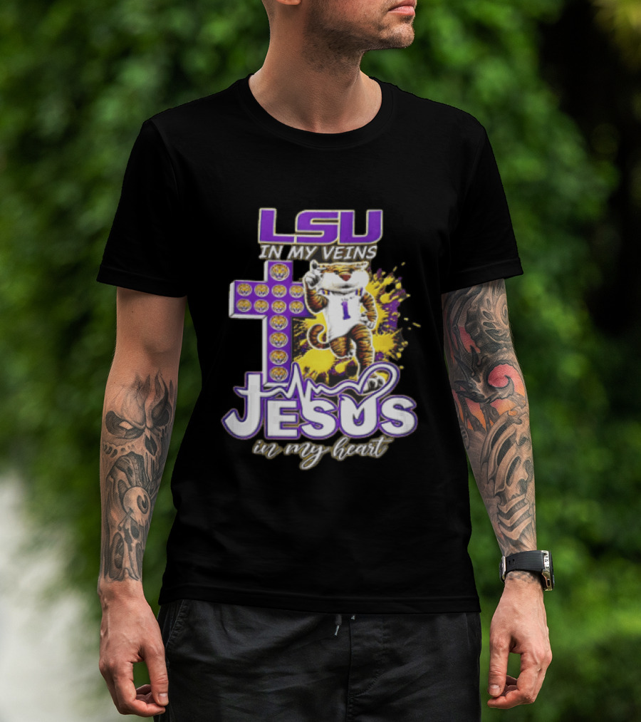 LSU In My Veins Jesus In My Heart Tiger Purple Cross EKG T-Shirt
