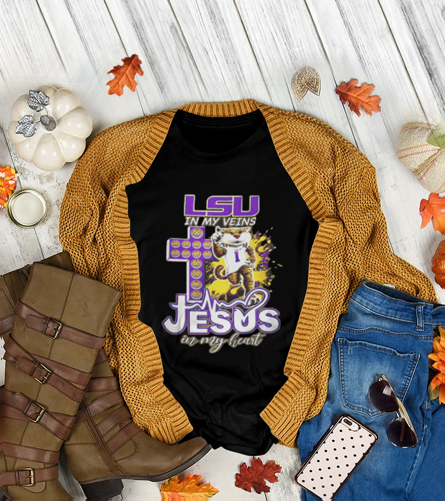LSU In My Veins Jesus In My Heart Tiger Purple Cross EKG T-Shirt