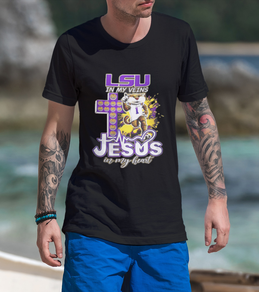 LSU In My Veins Jesus In My Heart Tiger Purple Cross EKG T-Shirt