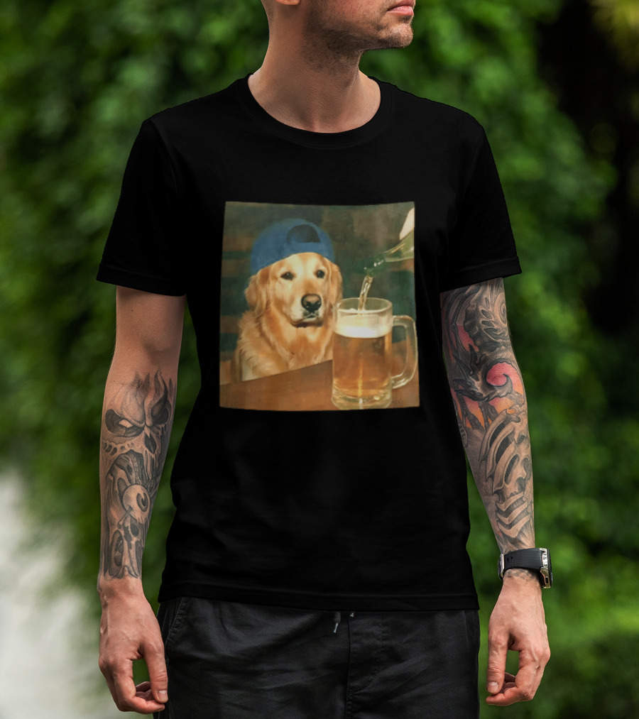 Golden Retriever Backward Cap Beer Pouring Scene T-Shirt