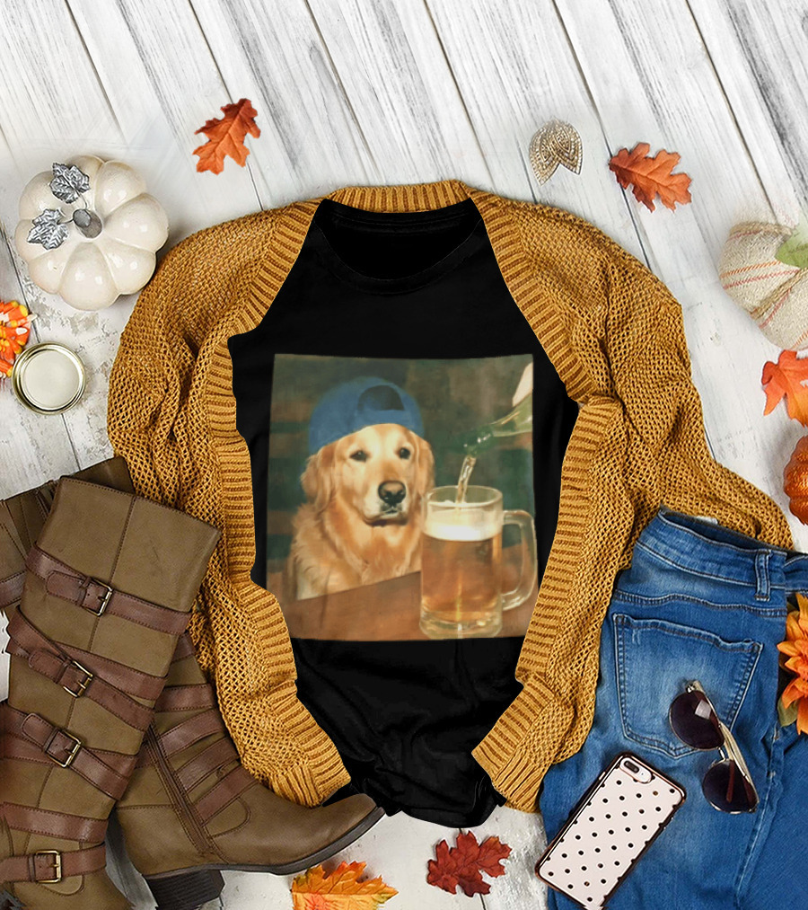 Golden Retriever Backward Cap Beer Pouring Scene T-Shirt