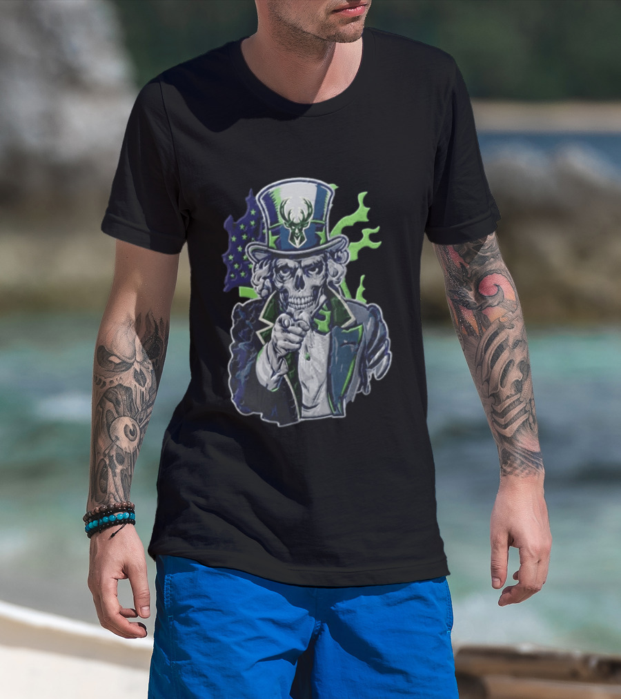 Milwaukee Bucks Uncle Sam Skeleton American Flag Pointing Basketball Fan T-Shirt