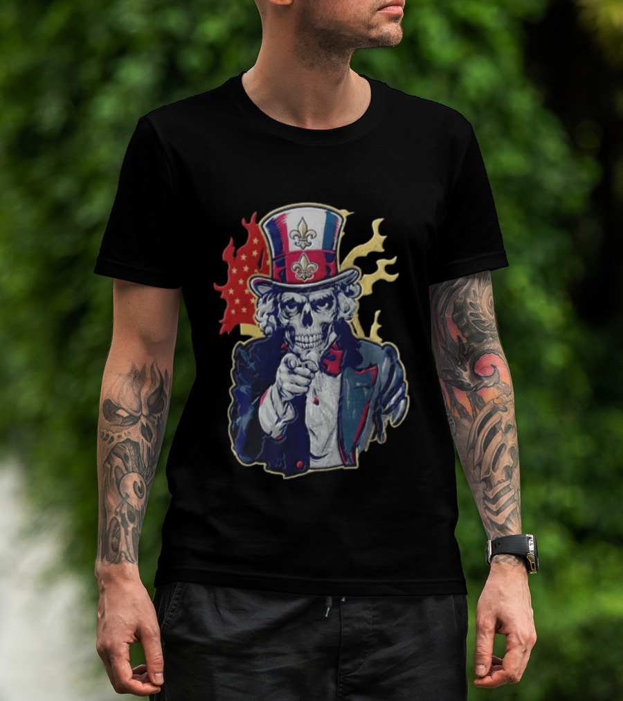 New Orleans Pelicans Skeleton Uncle Sam Pointing American Flag Fleur De Lis T-Shirt