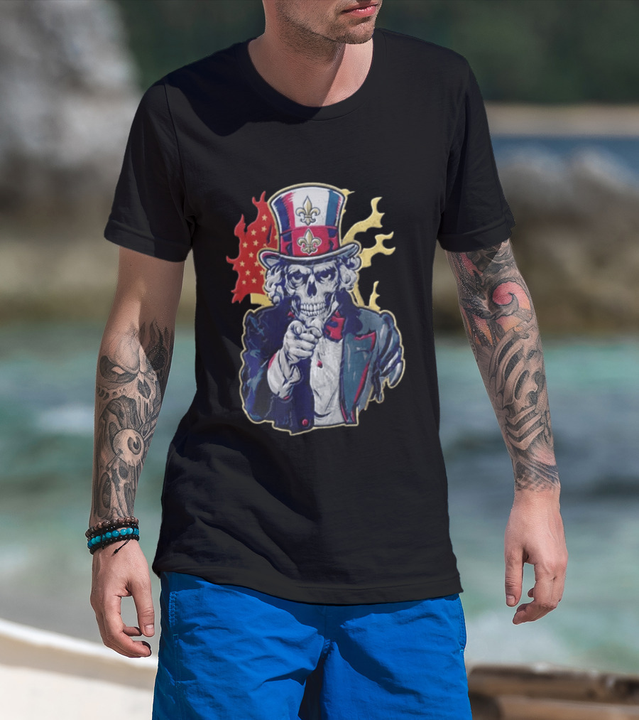 New Orleans Pelicans Skeleton Uncle Sam Pointing American Flag Fleur De Lis T-Shirt