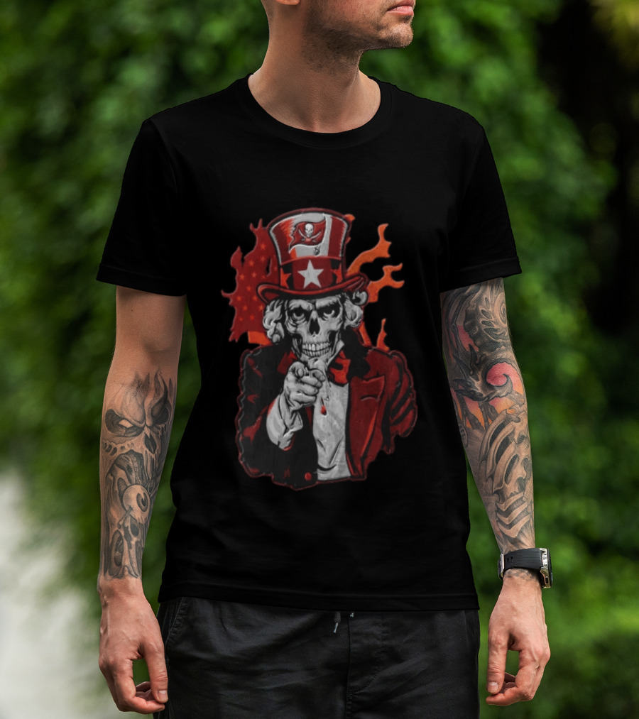 Tampa Bay Buccaneers Uncle Sam Skull American Flag Flames T-Shirt