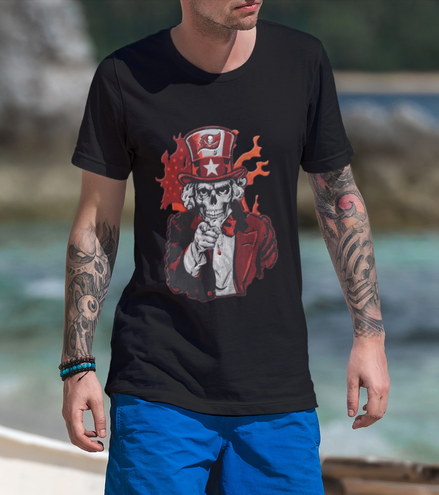 Tampa Bay Buccaneers Uncle Sam Skull American Flag Flames T-Shirt