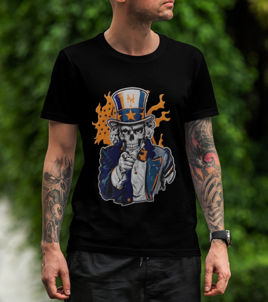 New York Mets Uncle Sam Skeleton Top Hat Stars Flames T-Shirt