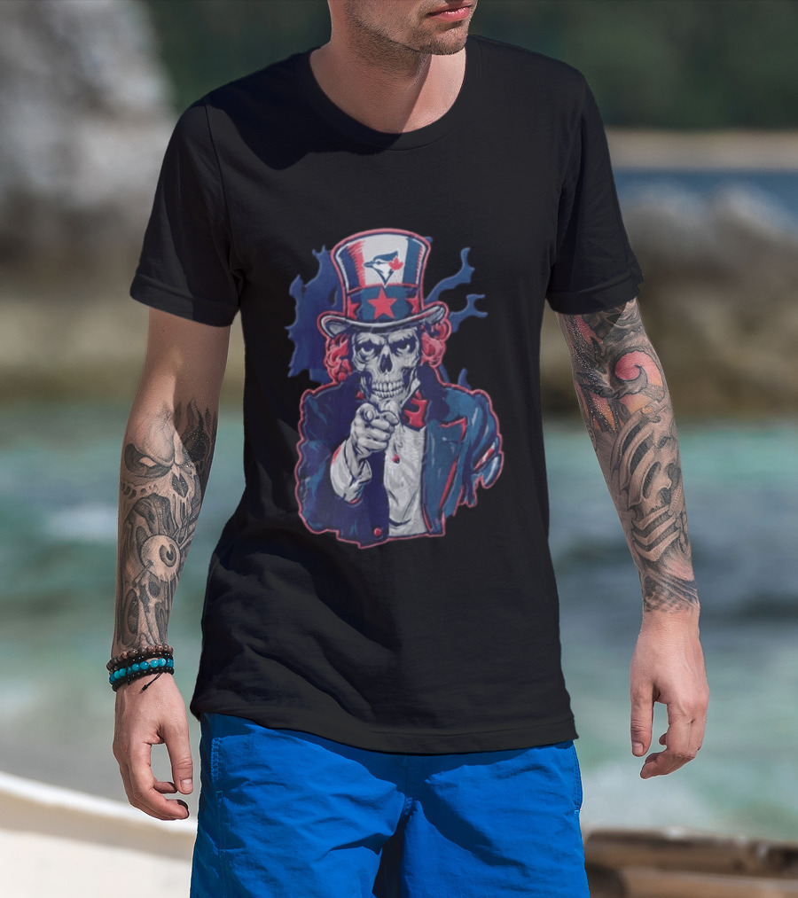 Toronto Blue Jays Skeleton Uncle Sam Pointing American Flag Bird Head Maple Leaf T-Shirt