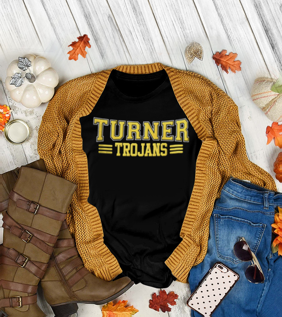 Turner Trojans Yellow Collegiate Varsity Lettering Horizontal Stripes T-Shirt