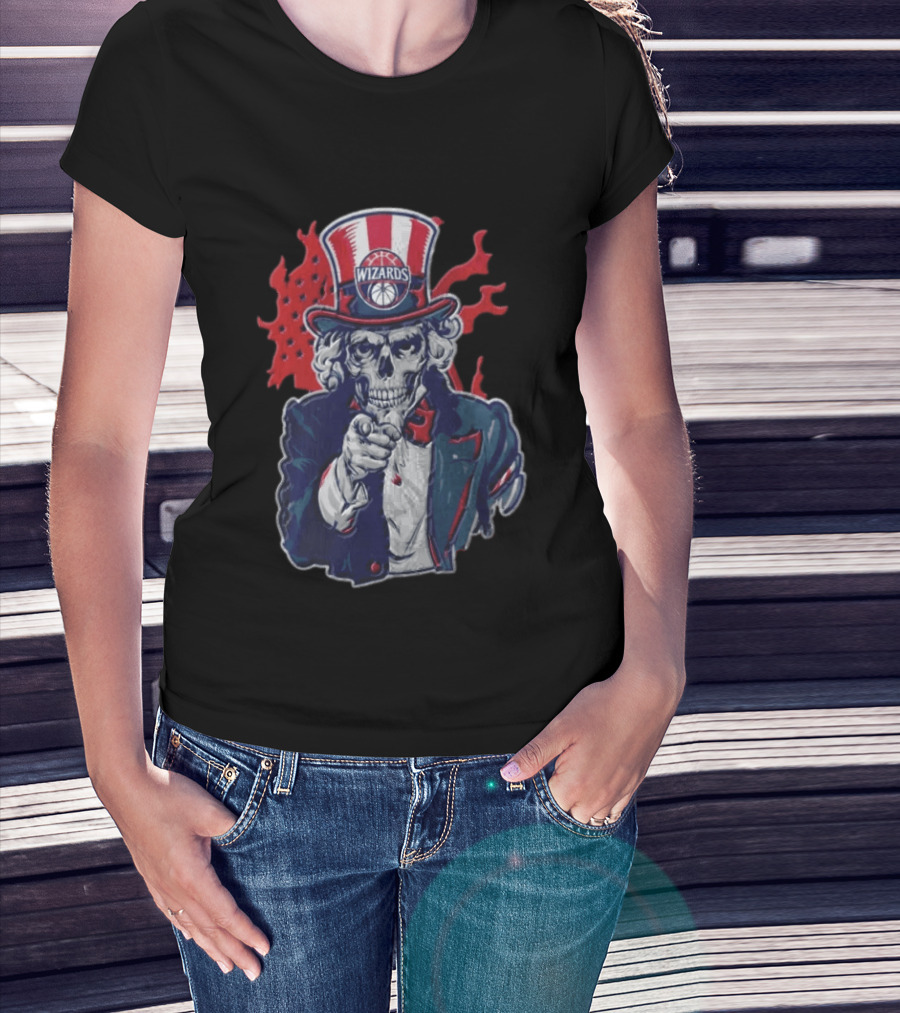 Washington Wizards Skeleton Uncle Sam Pointing Flames American Flag T-Shirt