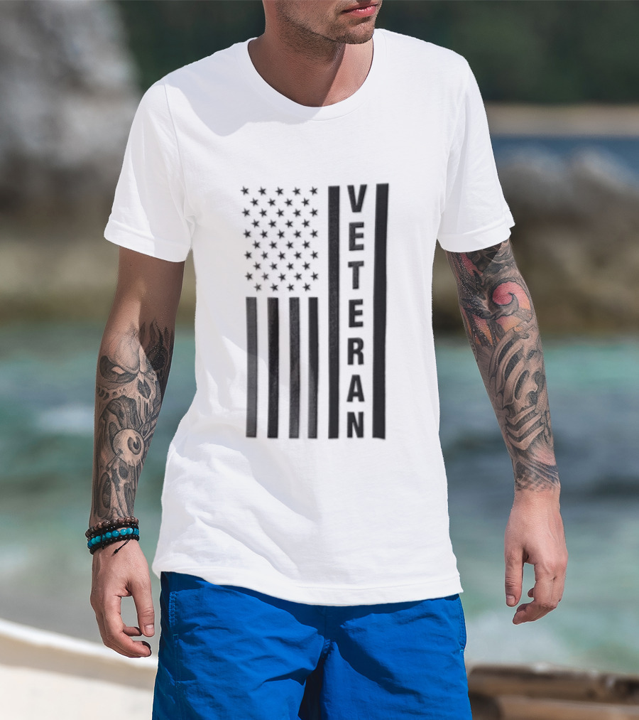 Veteran Vertical Monochrome US Flag Black Stars Stripes T-Shirt