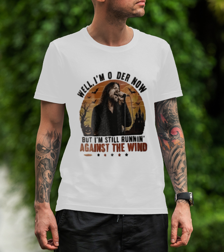 Well I'm Older Now But I'm Still Runnin' Against The Wind Bearded Singer Halloween Sunset Castle T-Shirt