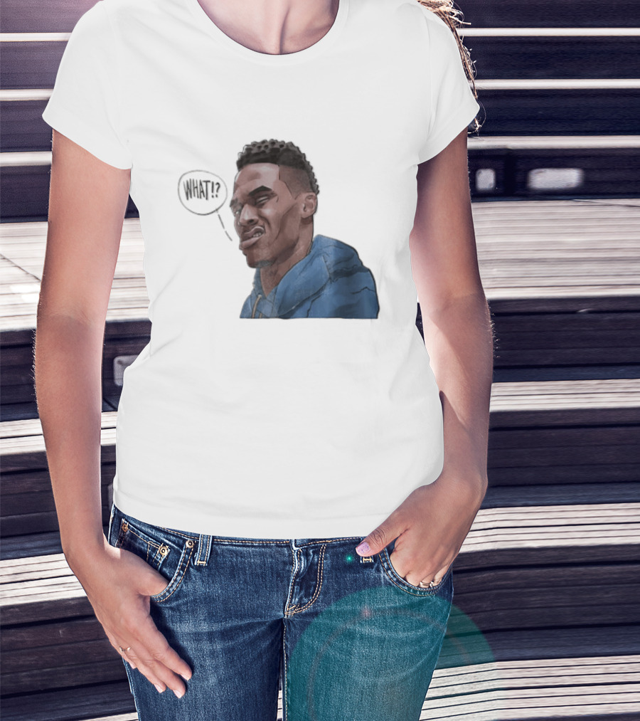Russell Westbrook Cartoon Caricature Confused Face What Speech Bubble Blue T-Shirt