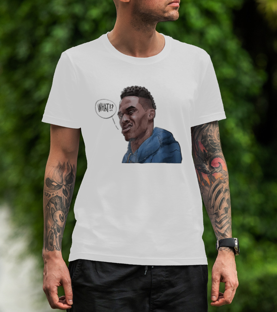 Russell Westbrook Cartoon Caricature Confused Face What Speech Bubble Blue T-Shirt