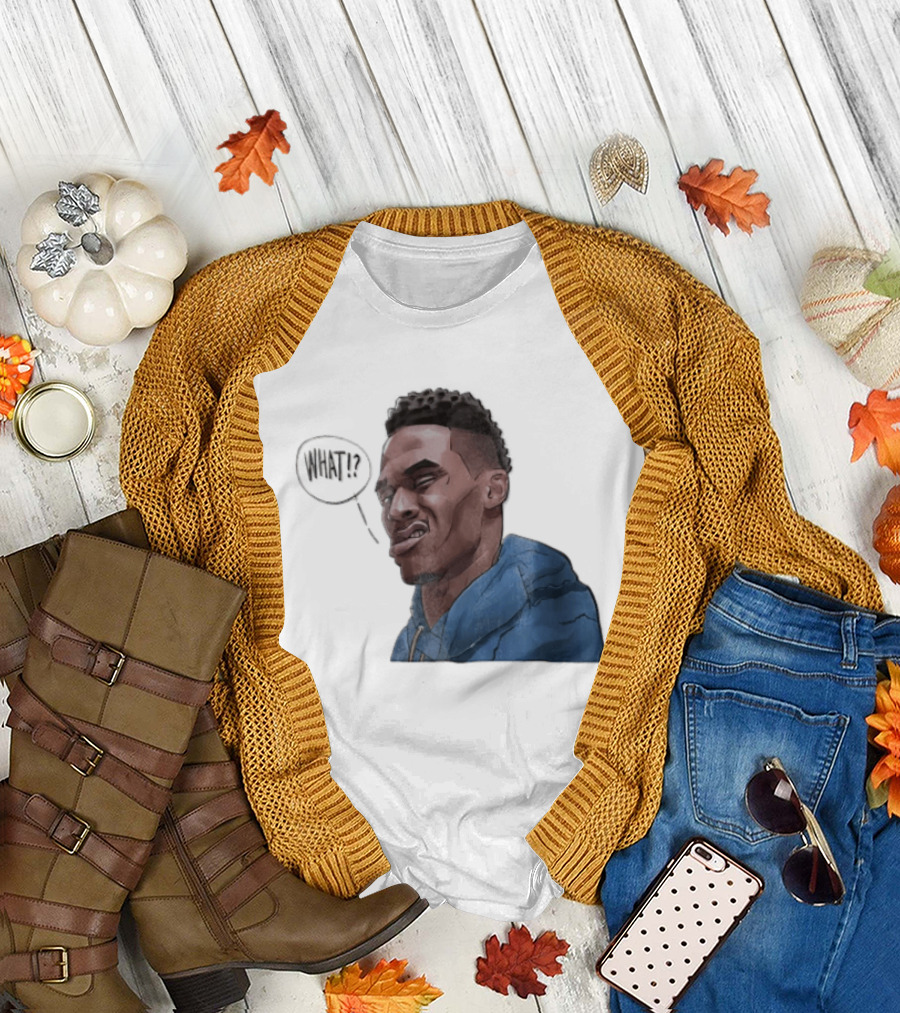 Russell Westbrook Cartoon Caricature Confused Face What Speech Bubble Blue T-Shirt