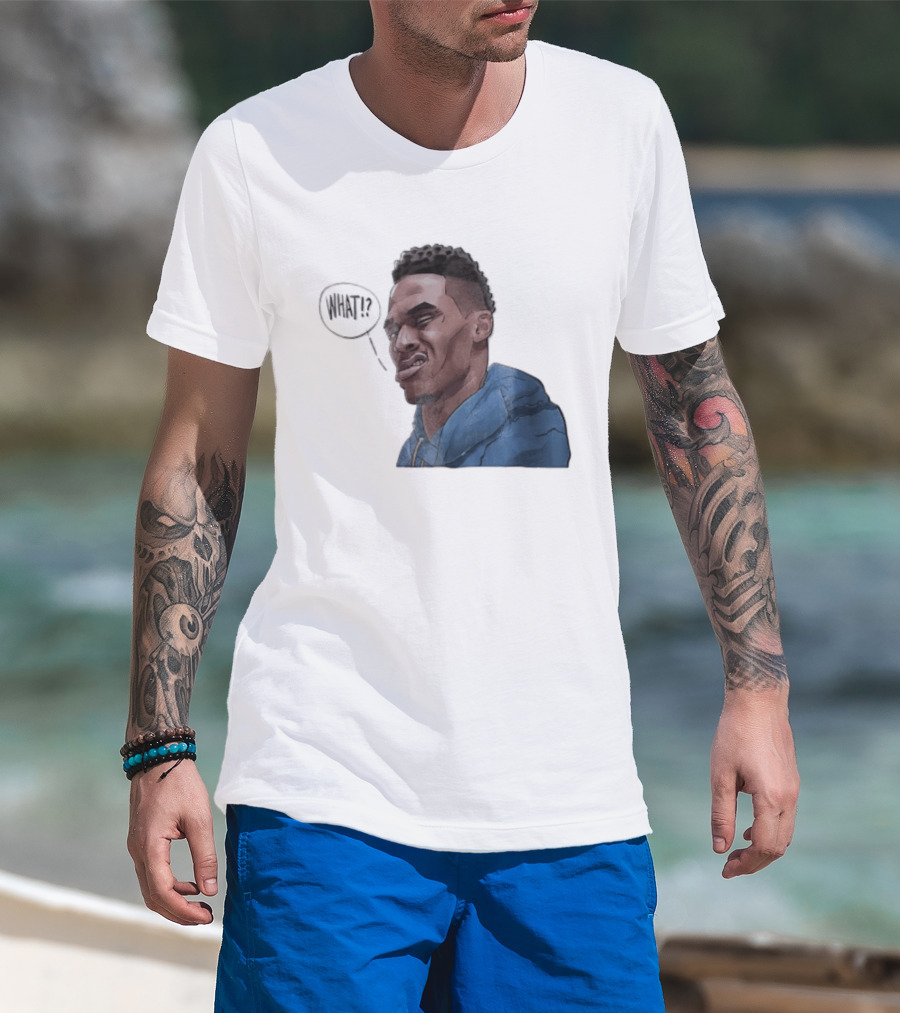 Russell Westbrook Cartoon Caricature Confused Face What Speech Bubble Blue T-Shirt