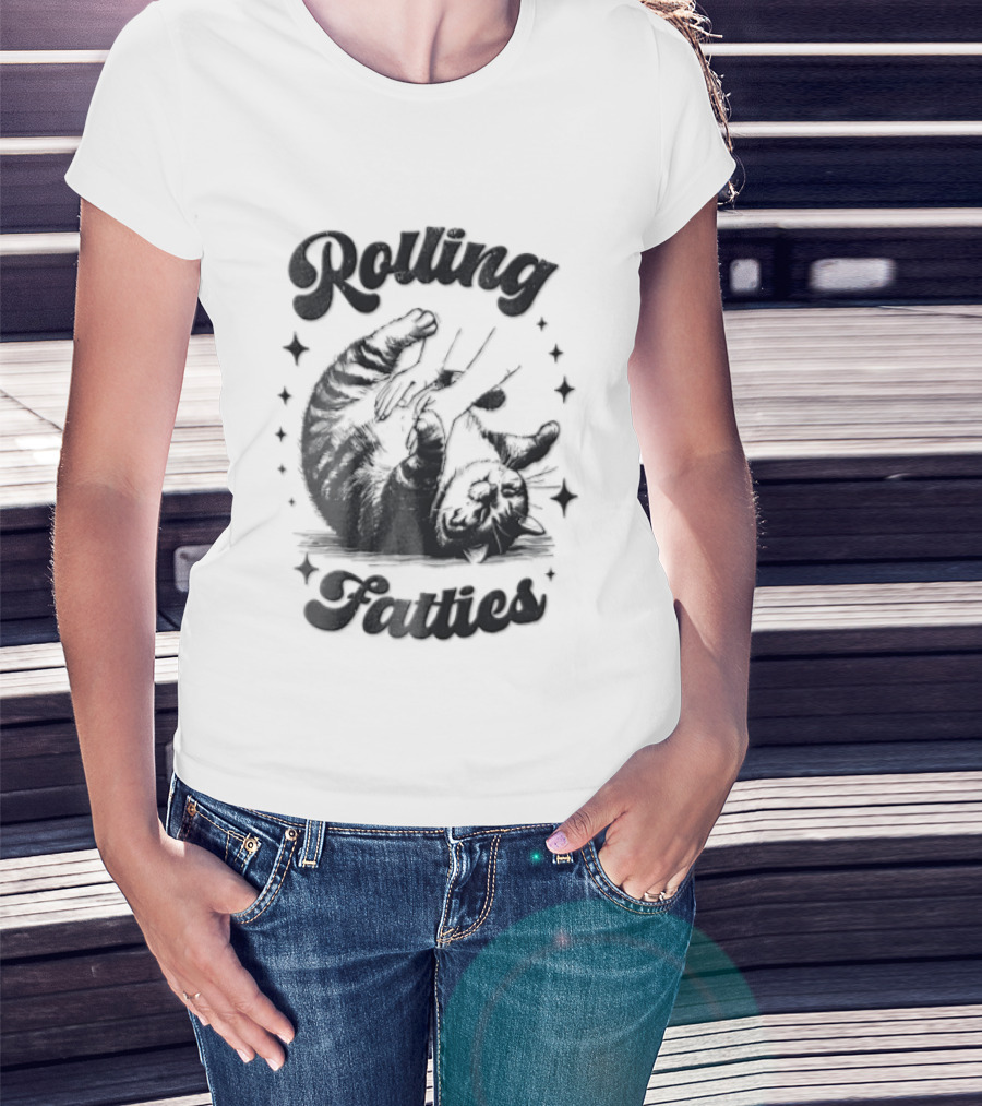 Rolling Fatties Chubby Tabby Cat Belly Rub Stars Line T-Shirt