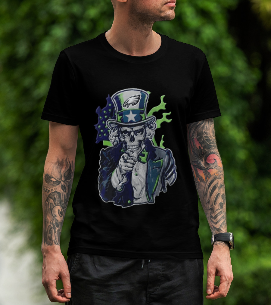 Philadelphia Eagles Uncle Sam Skull With Flag And Stars T-Shirt