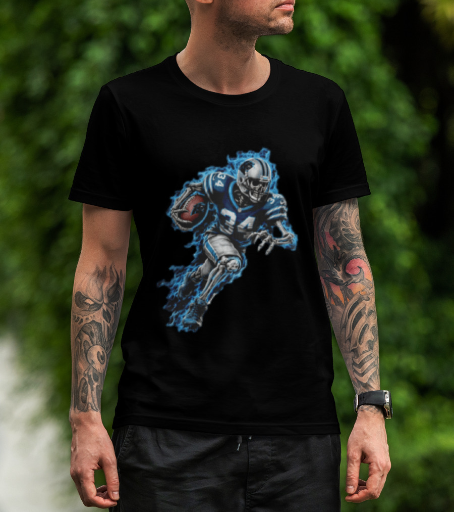 Carolina Panthers Skeleton Running Back 34 Blue Flames Football T-Shirt