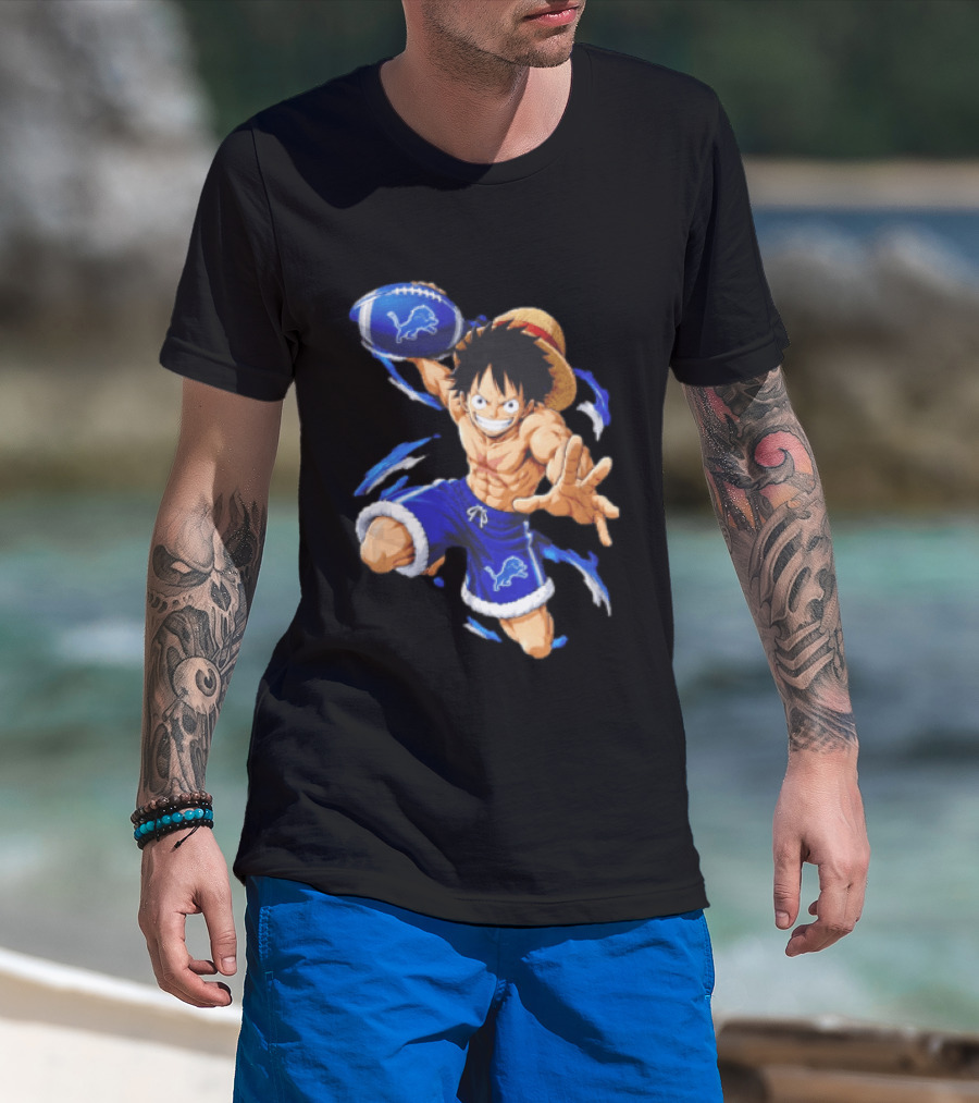 Detroit Lions Luffy Anime Football Action Pose T-Shirt
